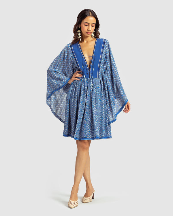 talitha Blue Geo Print Gathered Silk Dress