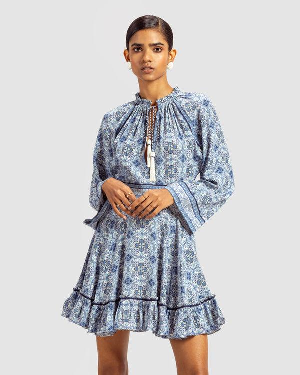 Talitha Blue Marissa Print Ruffled Silk Dress