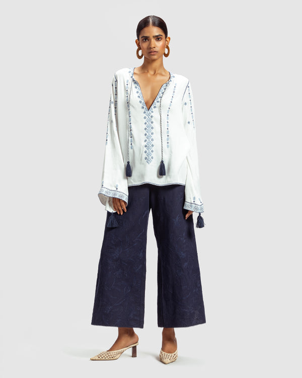 Talitha Blue On White Embroidered Satin Blend Top