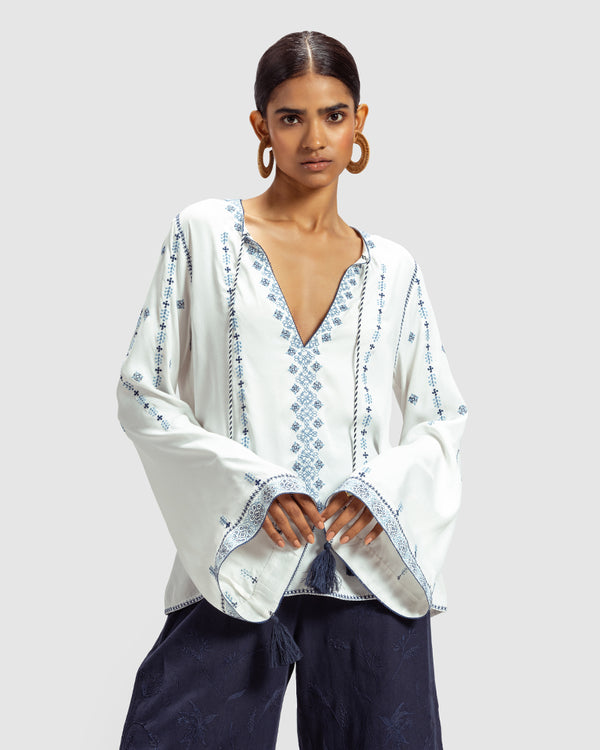 Talitha Blue On White Embroidered Satin Blend Top