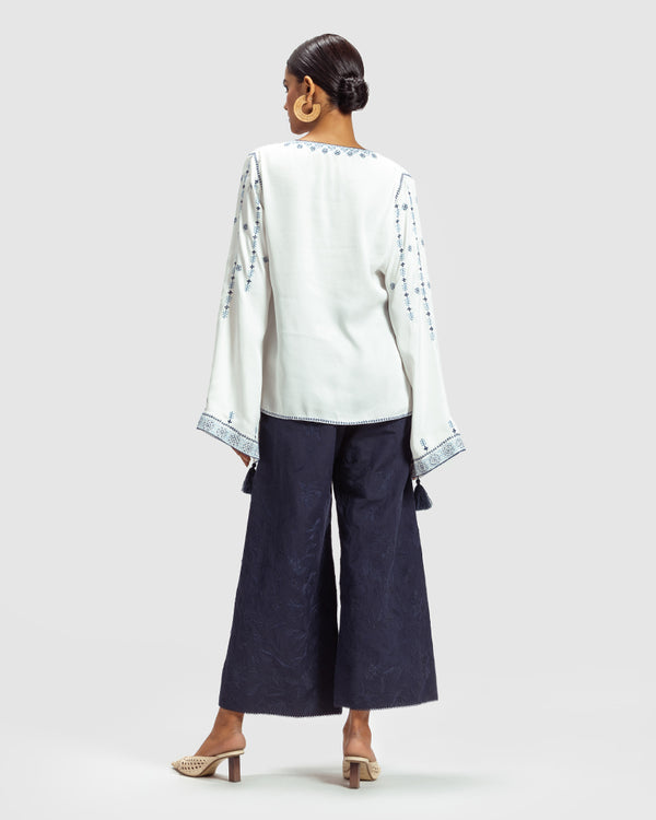 Talitha Blue On White Embroidered Satin Blend Top