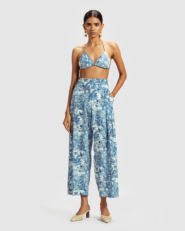 talitha Blue Tropical Print Cotton Twill Pant
