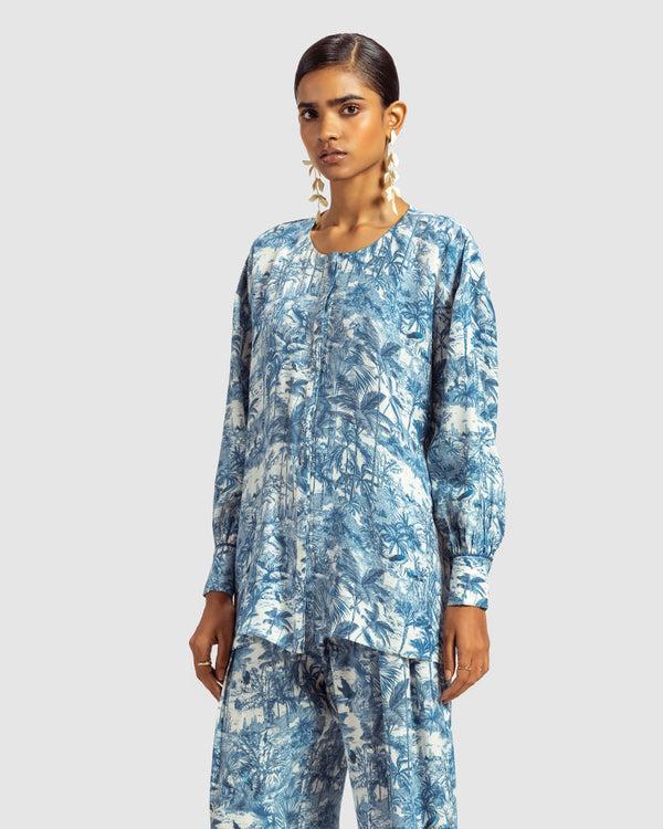 talitha Blue Tropical Print Silk Blouse