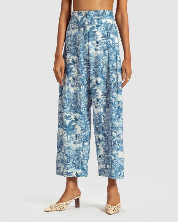 Talitha Blue Tropical Print Silk Pleated Pant