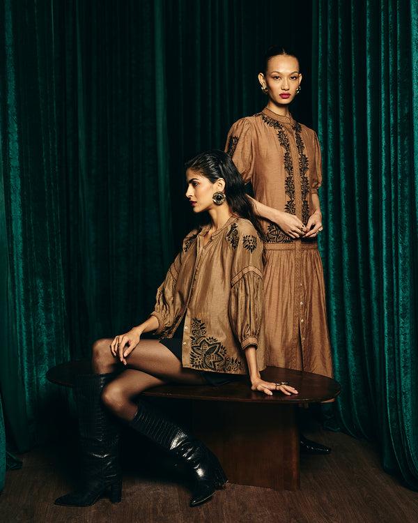 talitha Camilla Brown Embroidered Blouse