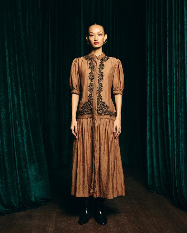 talitha Camilla Brown Embroidered Tier Dress