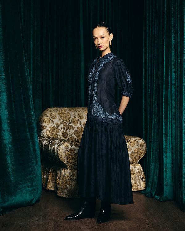 Talitha Camilla Navy Embroidered Tier Dress