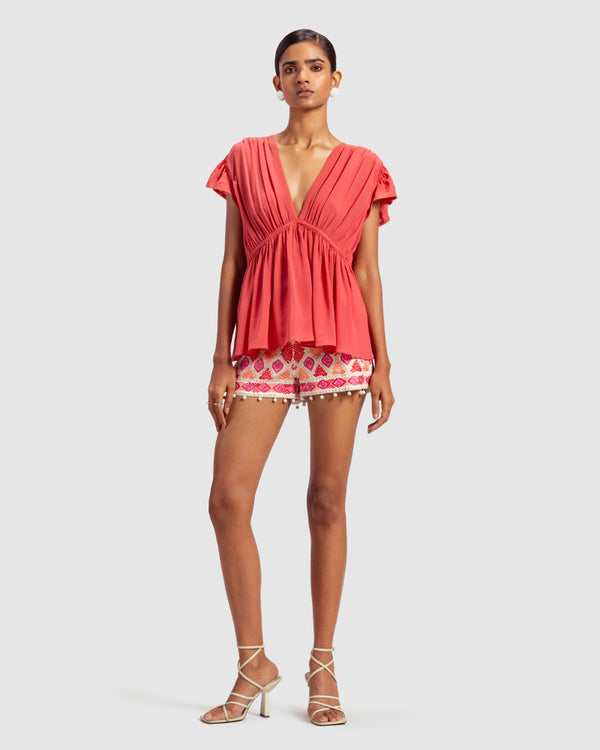 Talitha Coral Gathered Silk Georgette Top