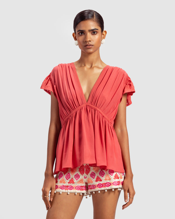 talitha Coral Gathered Silk Georgette Top