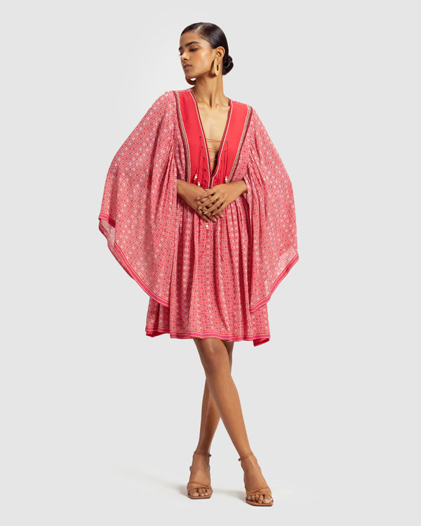 Talitha Coral Geo Print Gathered Silk Dress