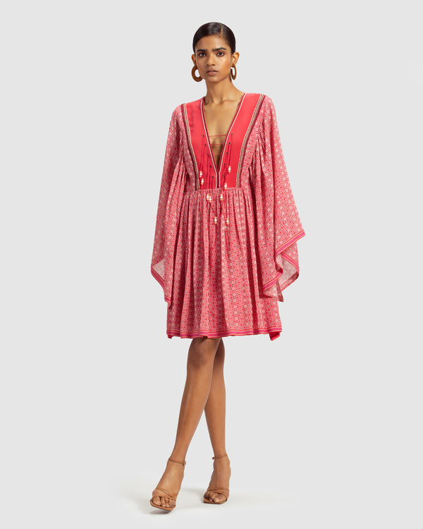 Talitha Coral Geo Print Gathered Silk Dress