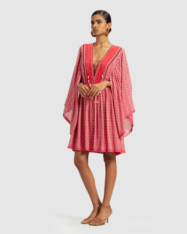 Talitha Coral Geo Print Gathered Silk Dress