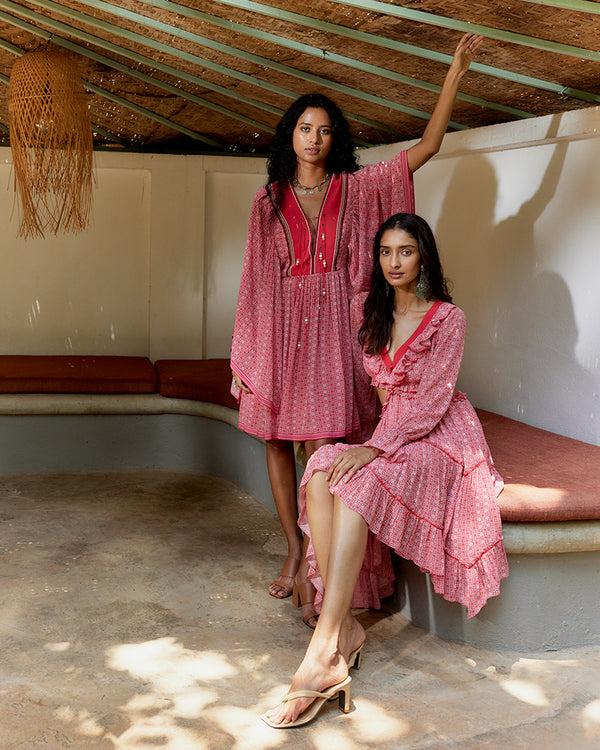 talitha Coral Geo Print Gathered Silk Dress