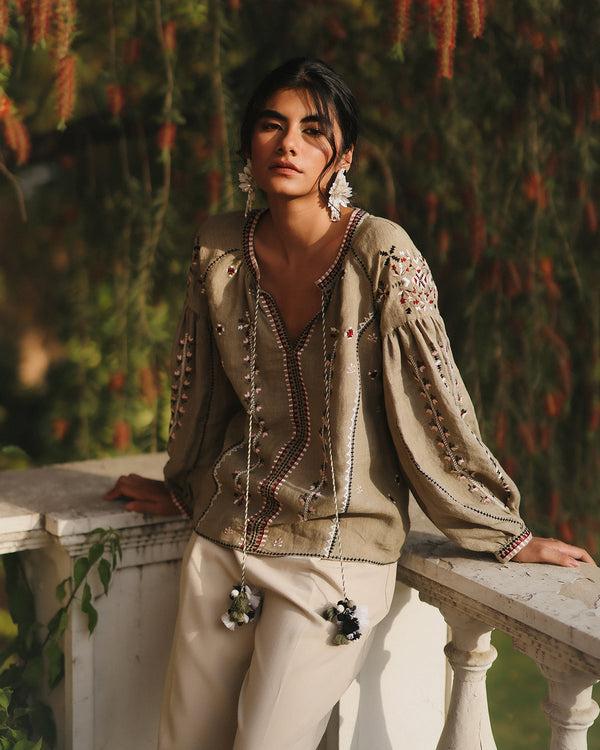 talitha Eloise Sage Green Embroidered Top