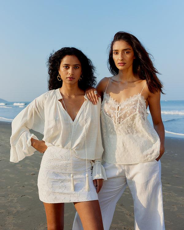 talitha Embroidered Linen Blend Skirt With Beading