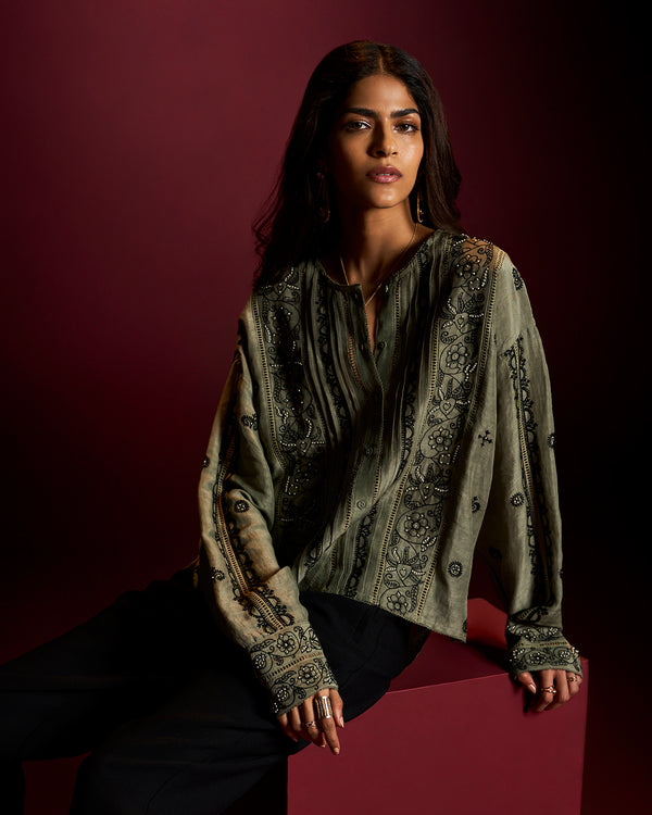 talitha Evelyn Sage Embroidered Shirt