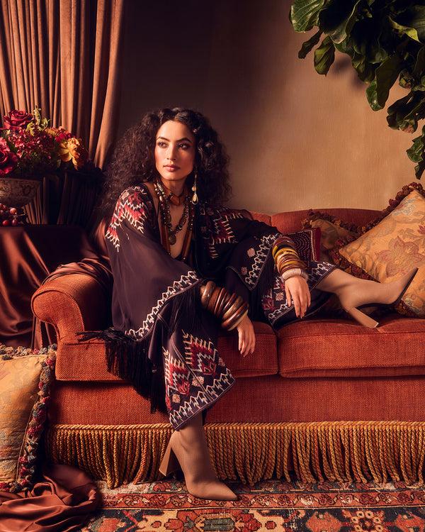 talitha Folk Embroidered Silk Satin Pant