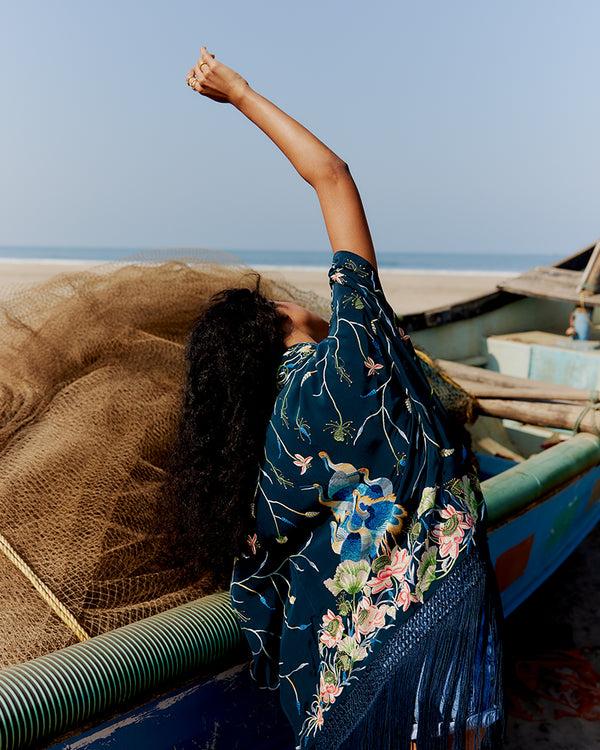 Talitha Navy Parsi Gara Embroidered Shrug