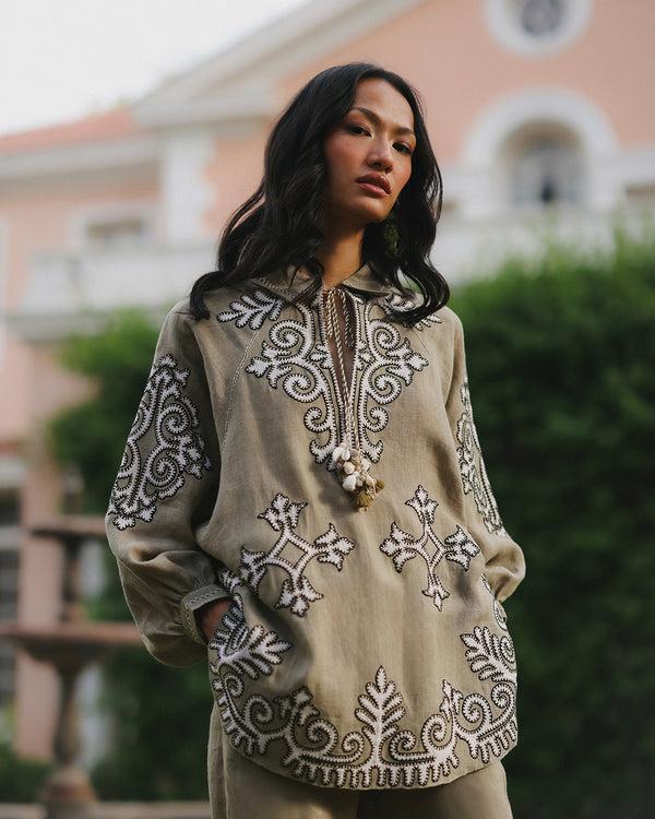 talitha Raya Sage Green Embroidered Top