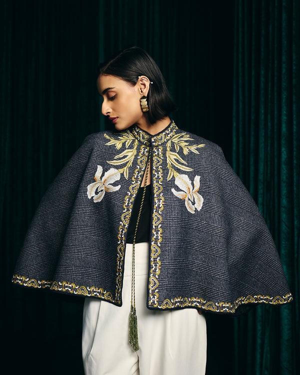 Talitha Sienna Grey Hand-Embroidered Flannel Cape