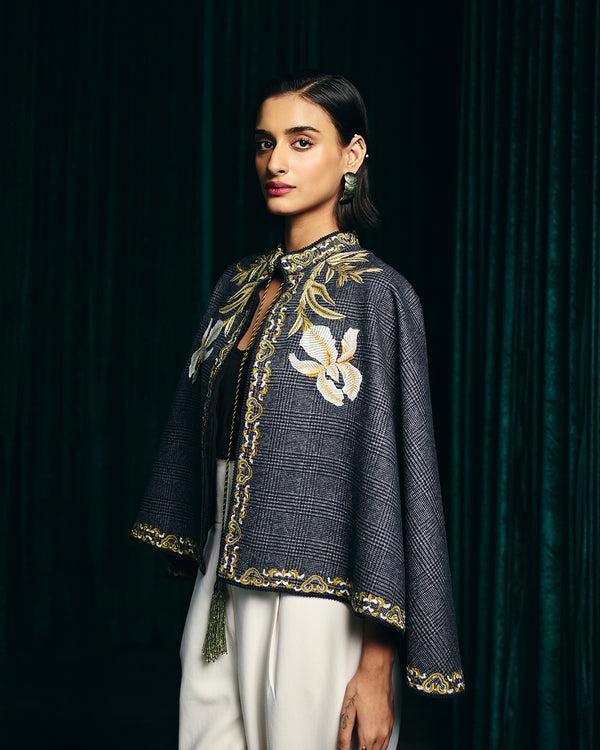 Talitha Sienna Grey Hand-Embroidered Flannel Cape