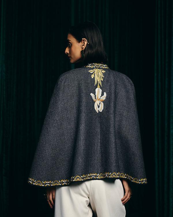 Talitha Sienna Grey Hand-Embroidered Flannel Cape