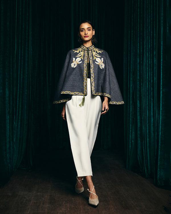 talitha Sienna Grey Hand-Embroidered Flannel Cape