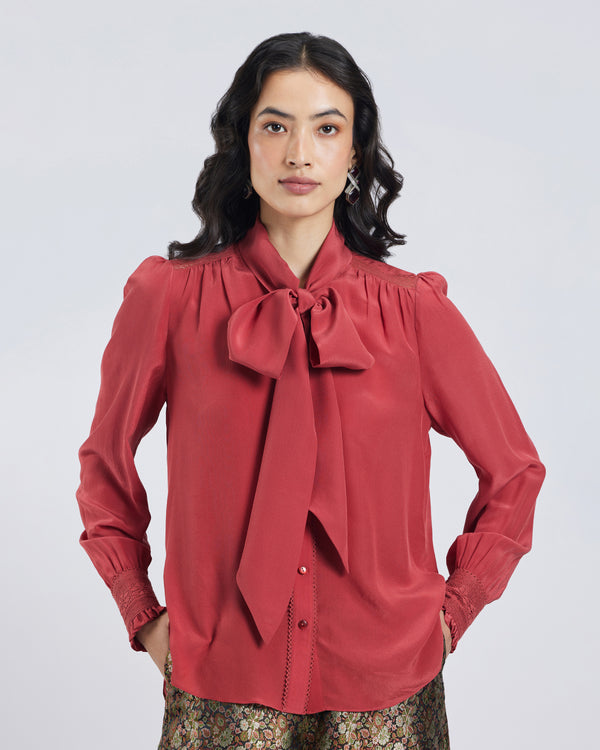 Talitha Terracotta Scarf Neck Silk Blouse