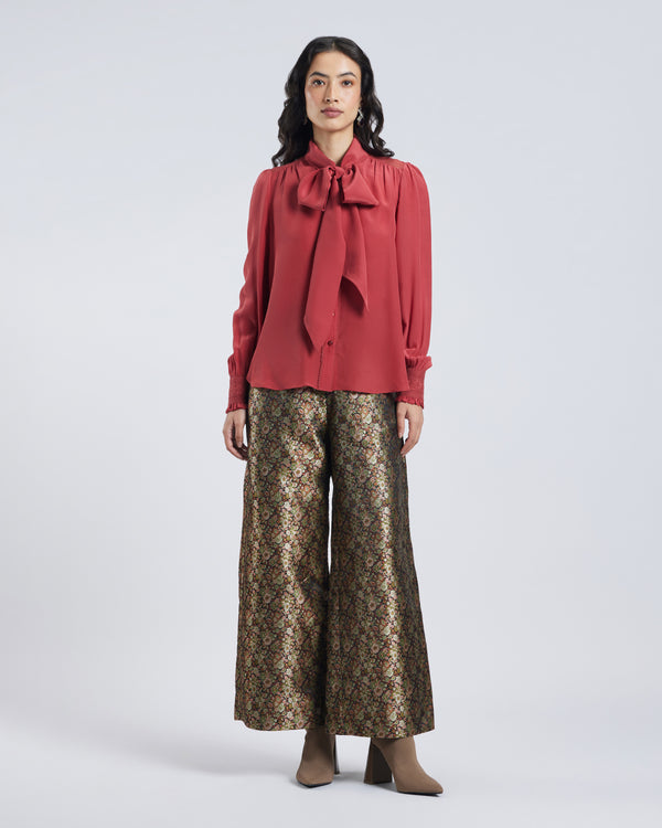 talitha Terracotta Scarf Neck Silk Blouse