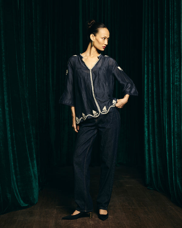 Talitha Valentina Navy Embroidered Pintuck Blouse