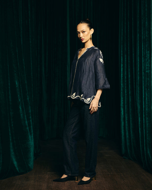 Talitha Valentina Navy Embroidered Pintuck Blouse