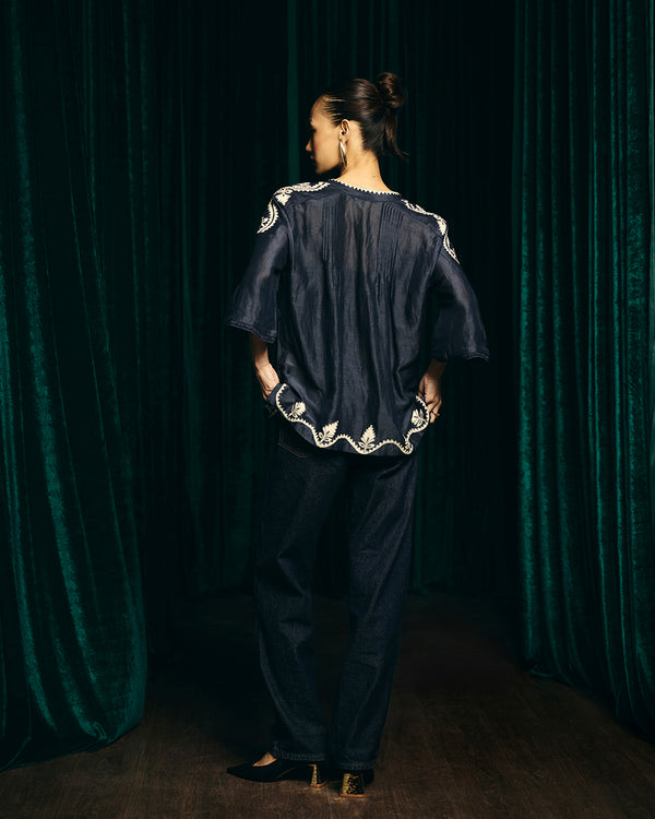 Talitha Valentina Navy Embroidered Pintuck Blouse