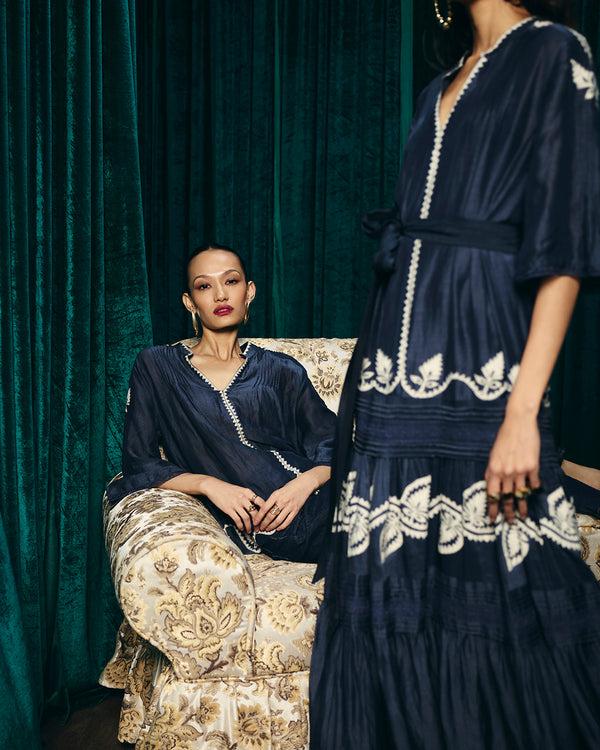 talitha Valentina Navy Embroidered Pintuck blouse