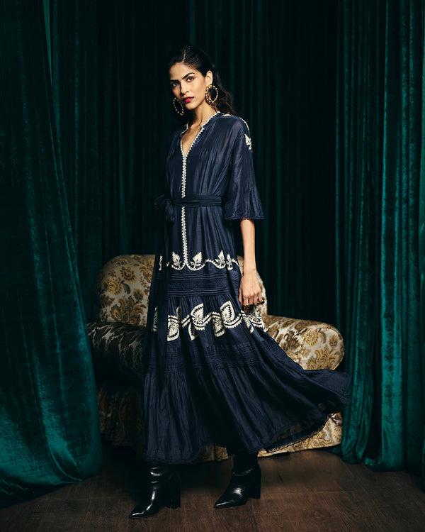 Talitha Valentina Navy Embroidered Pintuck Dress