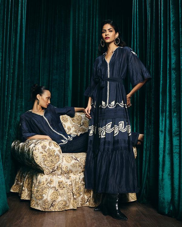 Talitha Valentina Navy Embroidered Pintuck Dress