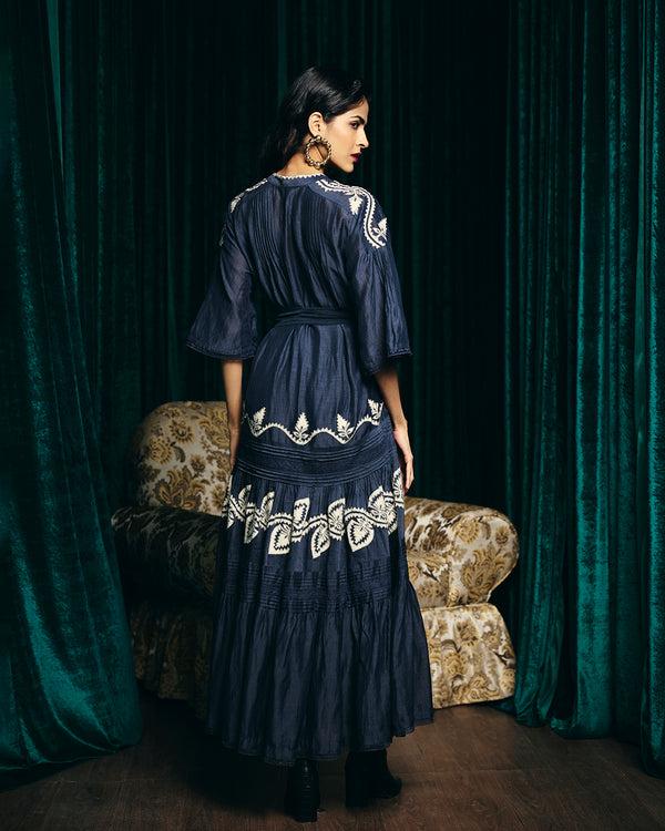 Talitha Valentina Navy Embroidered Pintuck Dress