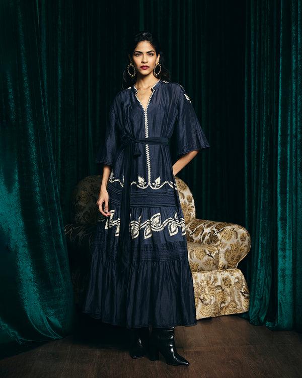 talitha Valentina Navy Embroidered Pintuck Dress