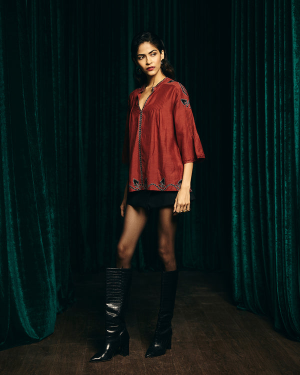 Talitha Valentina Red Embroidered Pintuck Blouse