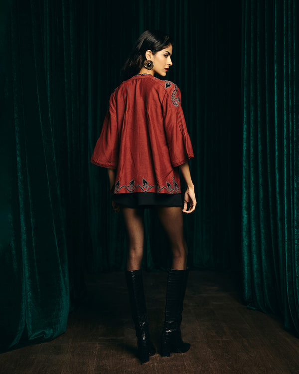 Talitha Valentina Red Embroidered Pintuck Blouse