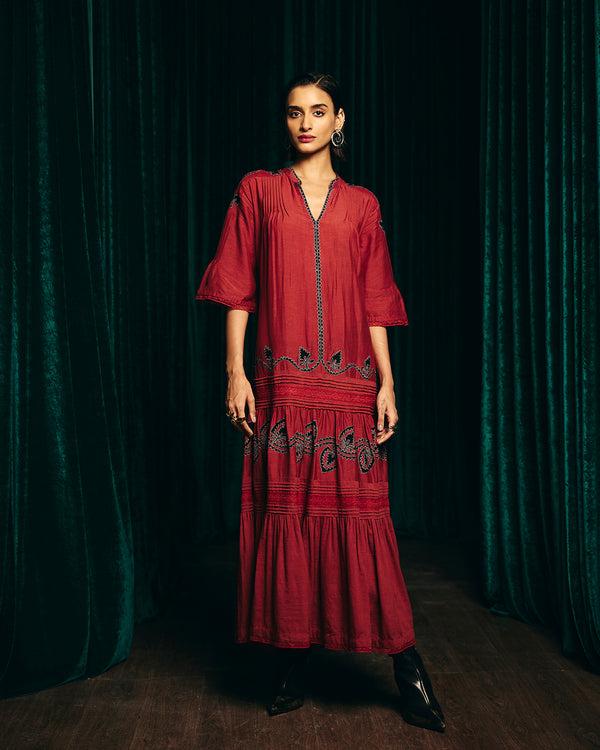 Talitha Valentina Red Embroidered Pintuck Dress