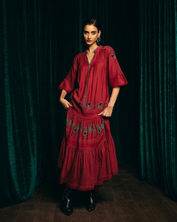 Talitha Valentina Red Embroidered Pintuck Dress
