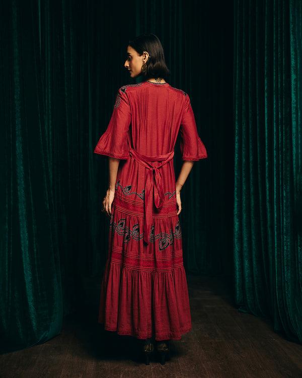 Talitha Valentina Red Embroidered Pintuck Dress