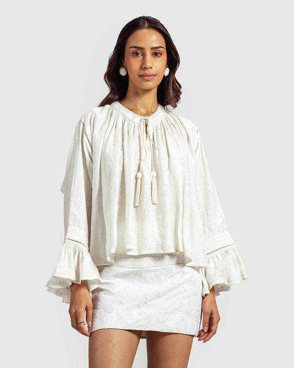 Talitha White Embroidered Linen Blend Boho Top