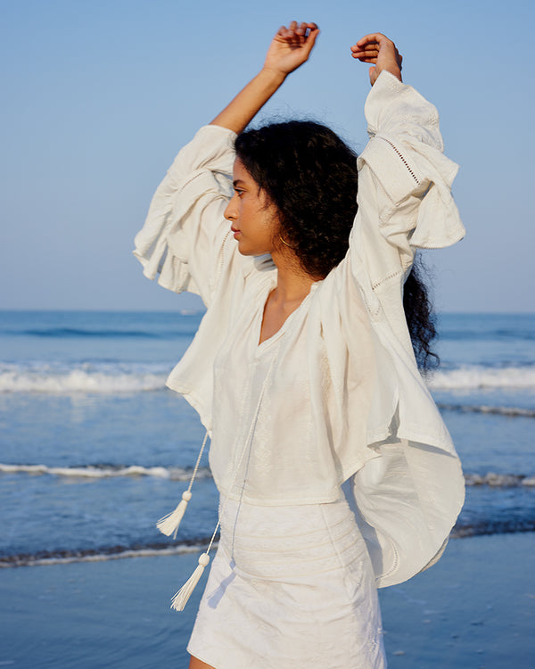 talitha White Embroidered Linen Blend Boho Top