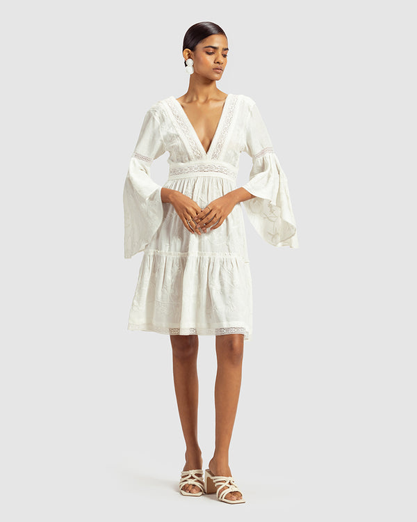 Talitha White Lace Trimmed Embroidered Linen Blend Dress
