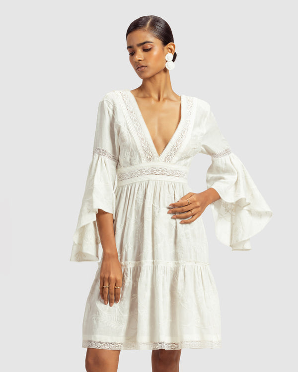 Talitha White Lace Trimmed Embroidered Linen Blend Dress