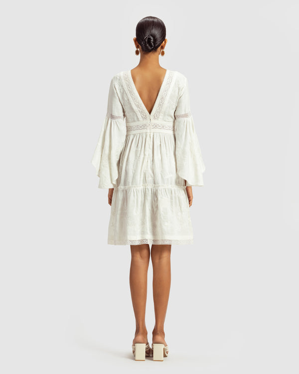 Talitha White Lace Trimmed Embroidered Linen Blend Dress