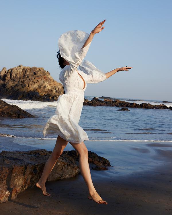 talitha White Lace Trimmed Embroidered Linen Blend Dress