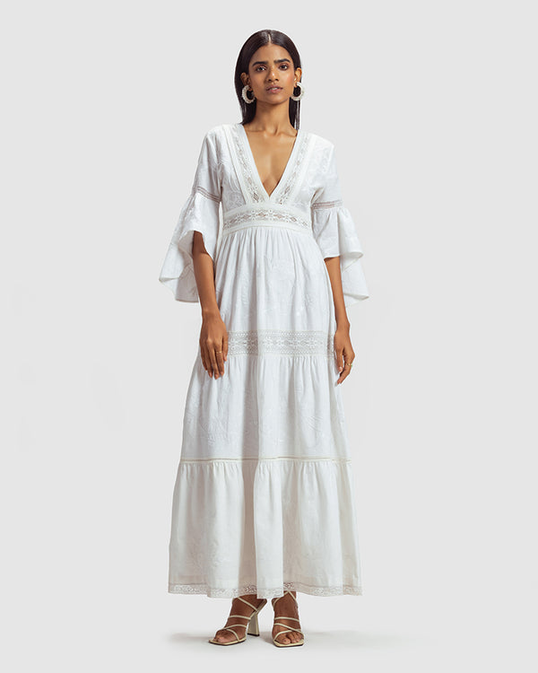 Talitha White Lace Trimmed Embroidered Linen Blend Maxi Dress