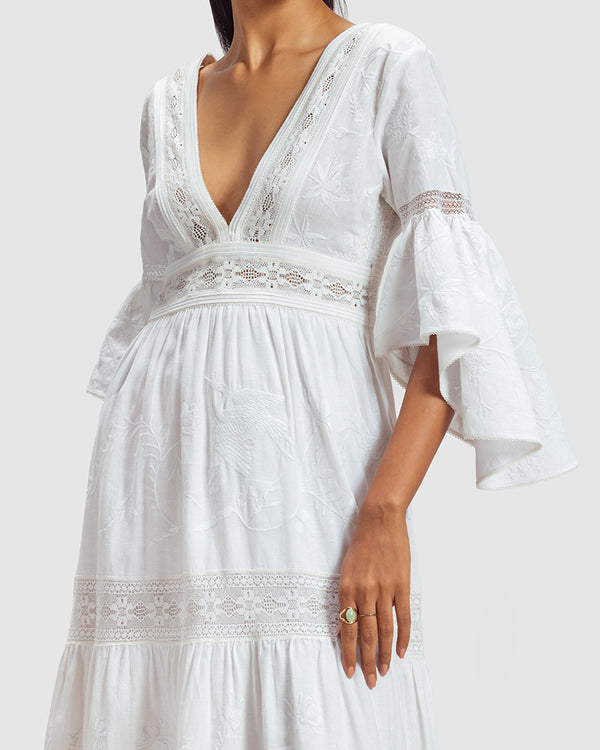 Talitha White Lace Trimmed Embroidered Linen Blend Maxi Dress